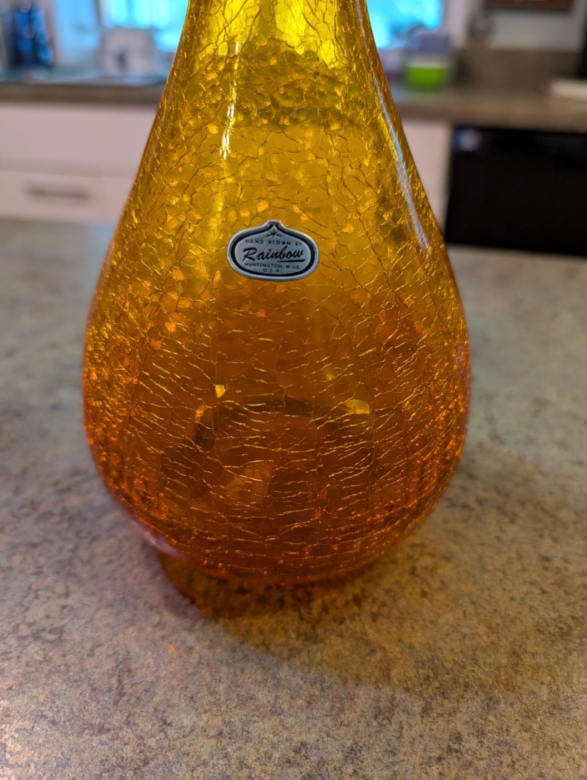 Vintage Mid-Century Modern Amberina Crackled Handblown Rainbow Glass 10″ Vase