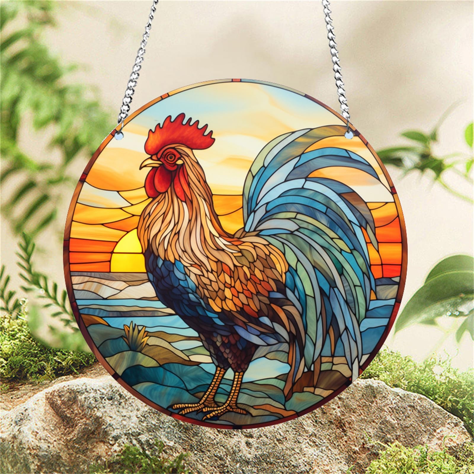 Rooster Sunrise Stained Window Hanging Indoor Outdoor Stained Suncatchers for…