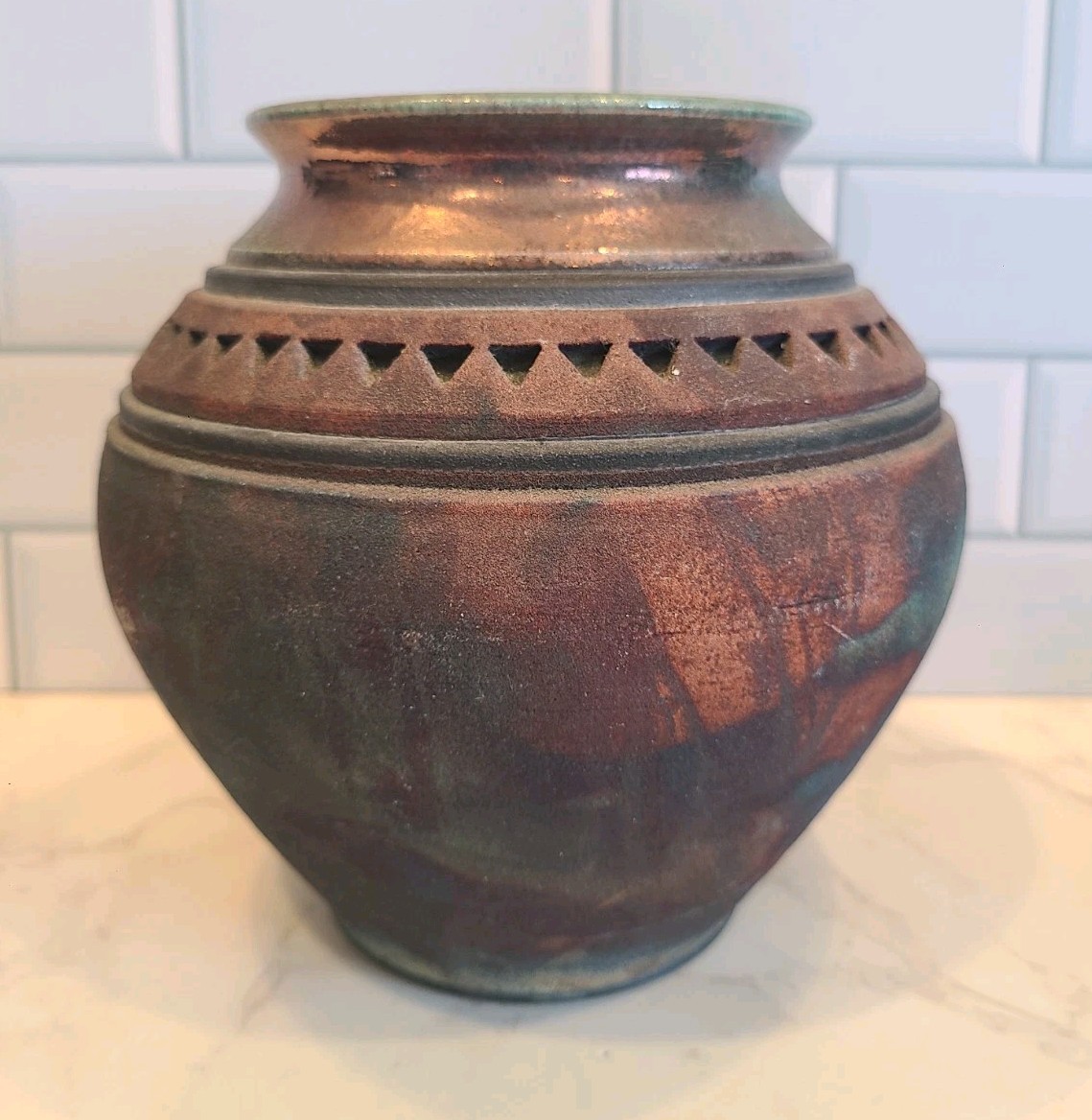 John Melkonian Raku Studio Pottery Vase Incised Triangle Design Signed 2010 EUC