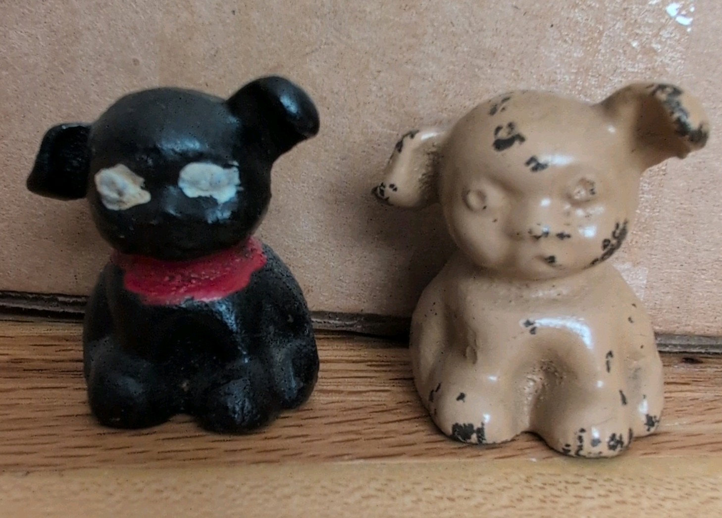 2 Painted Cast Iron Bucki Carbons Ribbons Pup Advertising Paperweights Antique