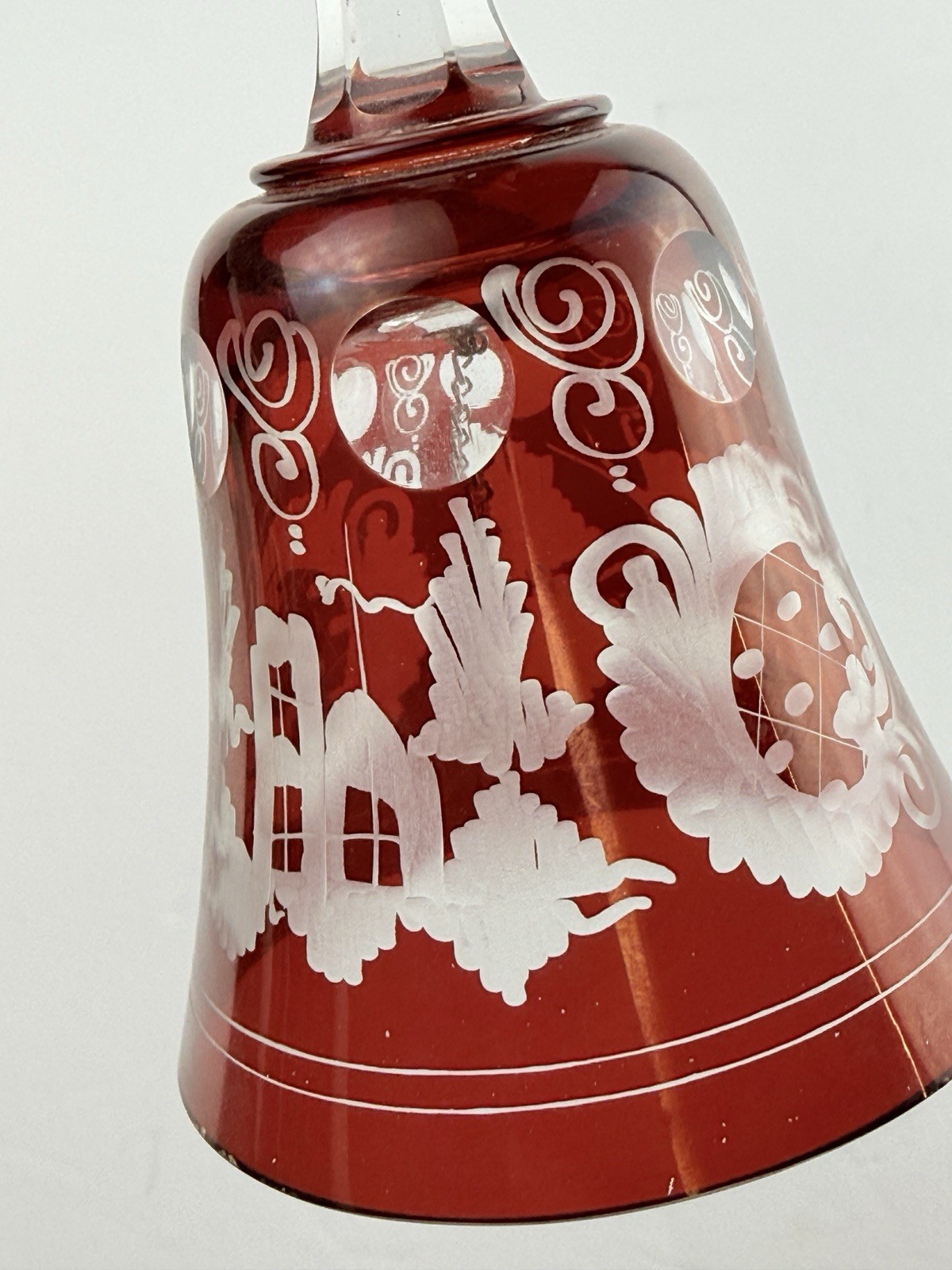 Vintage Bohemian Ruby Red To Clear Crystal Glass Czech Bell Clear Handle Doves