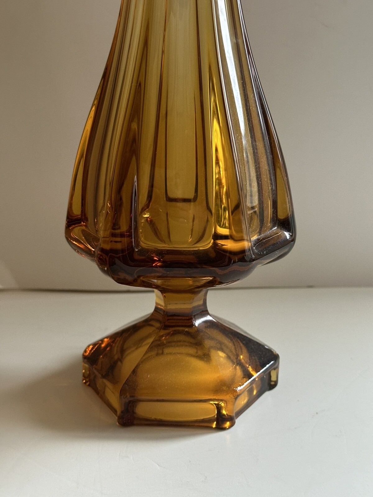 Vintage MCM Viking Glass Amber Swung Vase Epic Column 18.5” Hexagon Foot