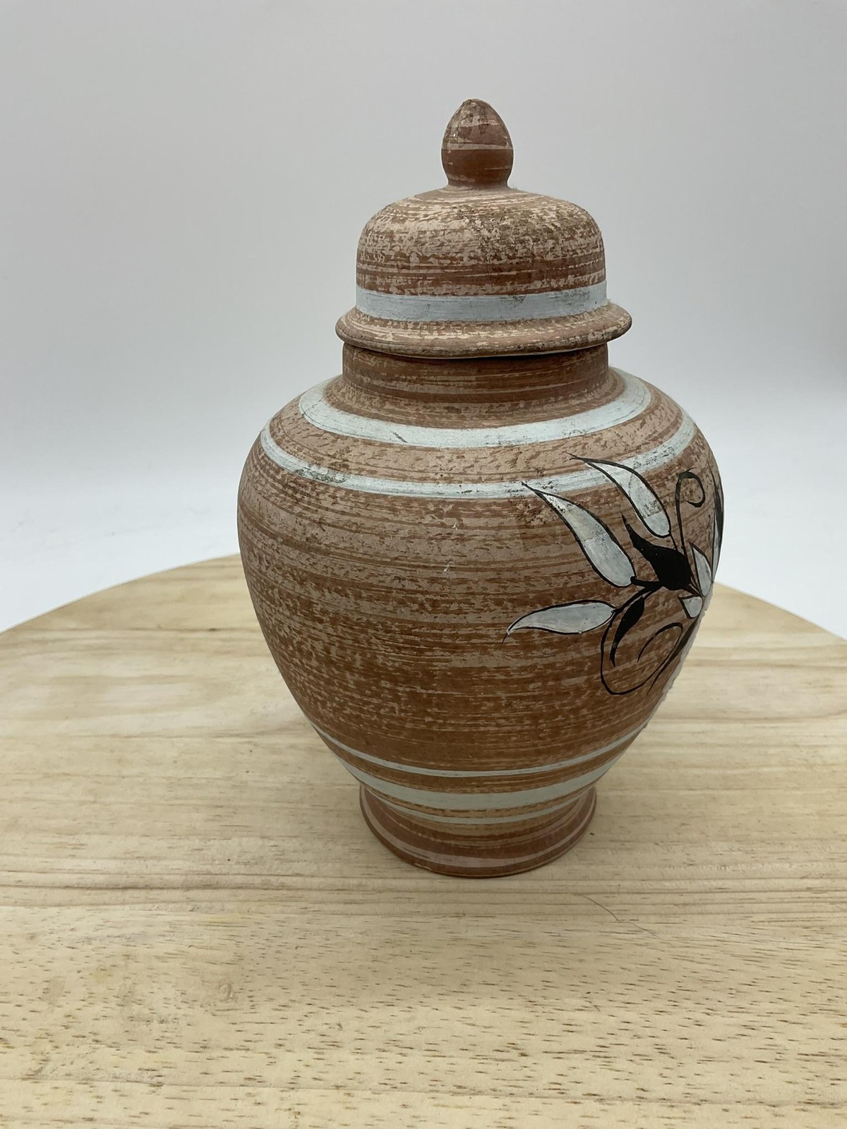 Vintage Brown Terracotta Lidded Urn Hand Painted Floral Jar Tabletop Decor