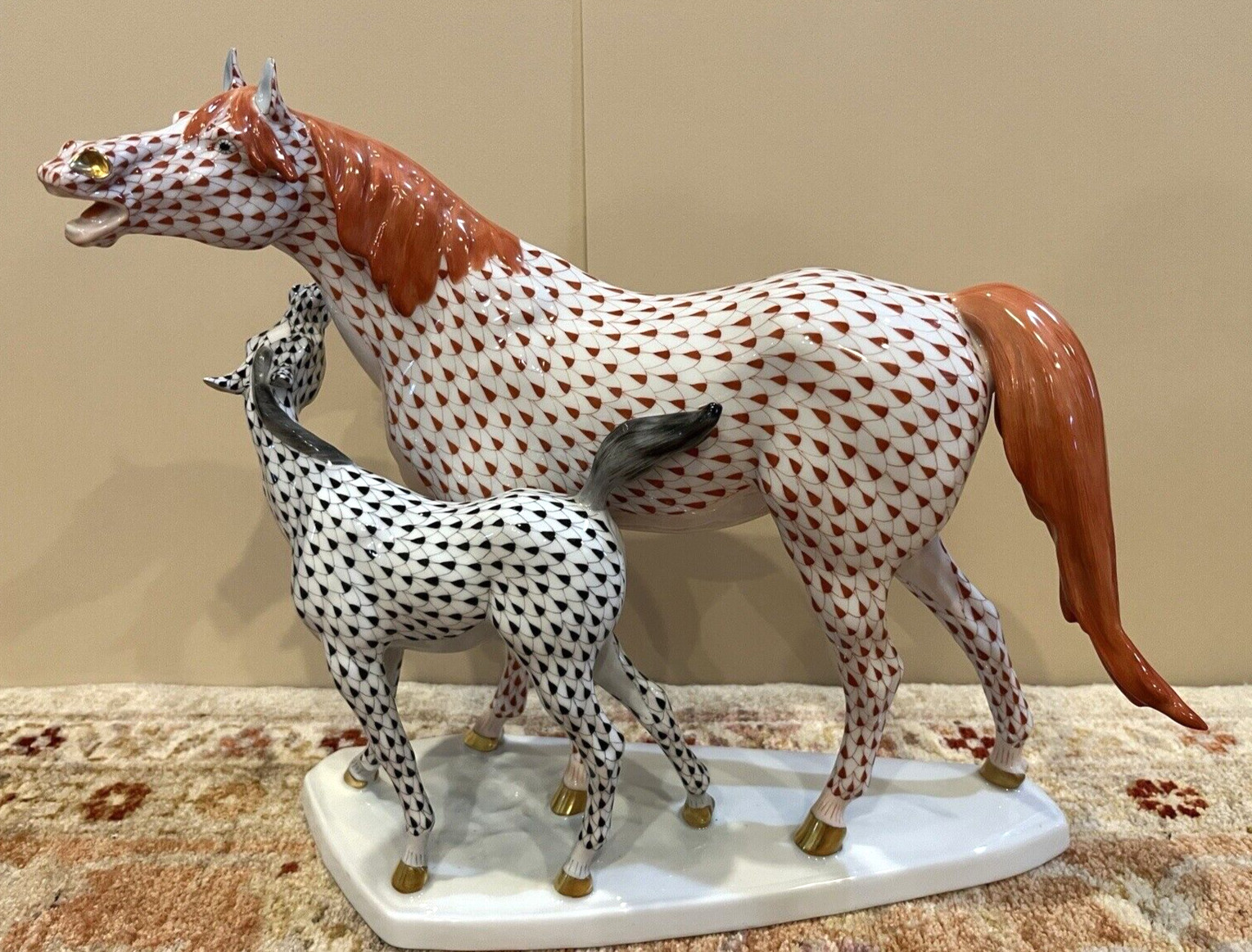 Herend XXL Horse Figurine PONY w/ MOM MARE & FOAL Black + Rust Fishnet ($4695)