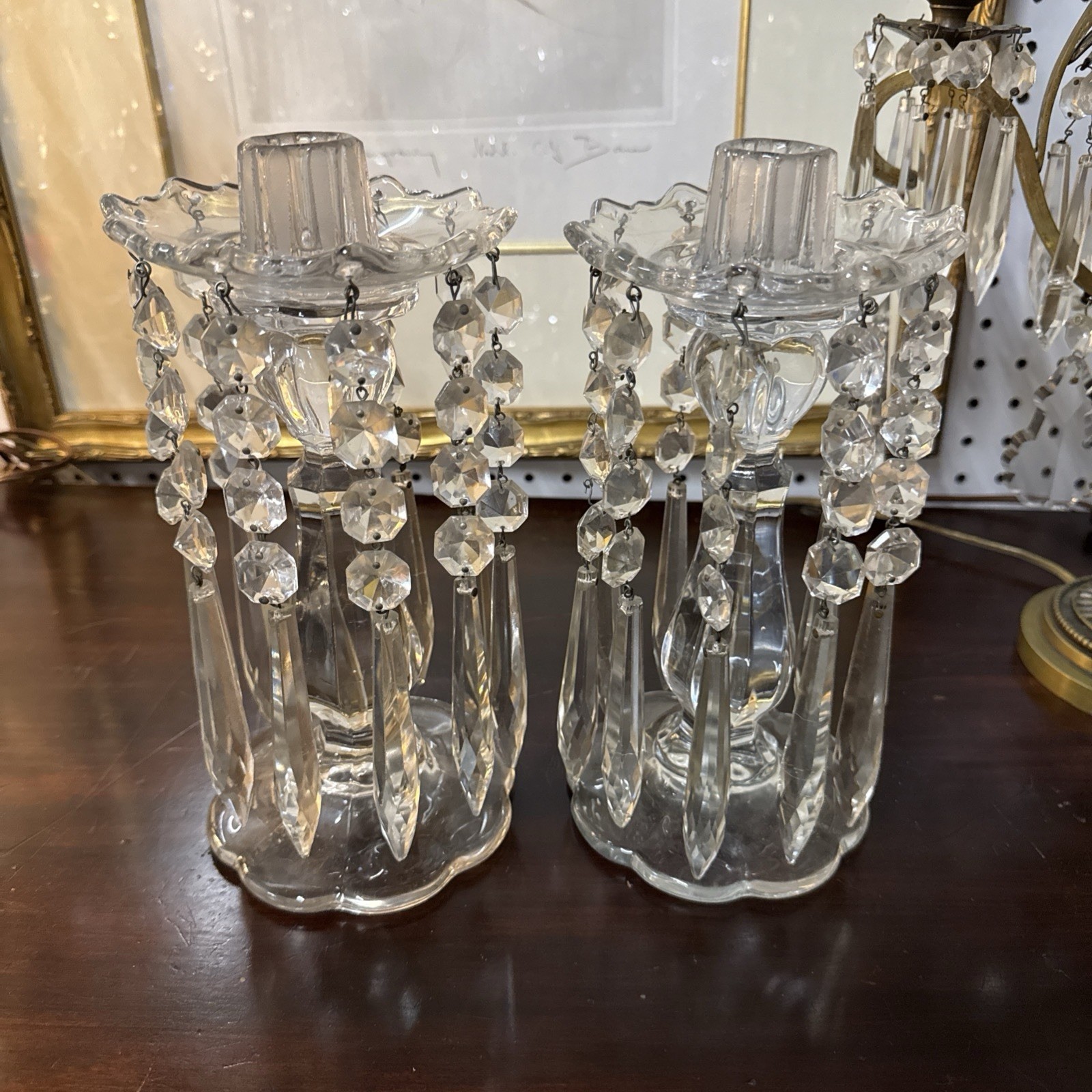 VTG. Ornate 1930’s Crystal Candle Sticks W/ Prisms Possible Heisey No Mark