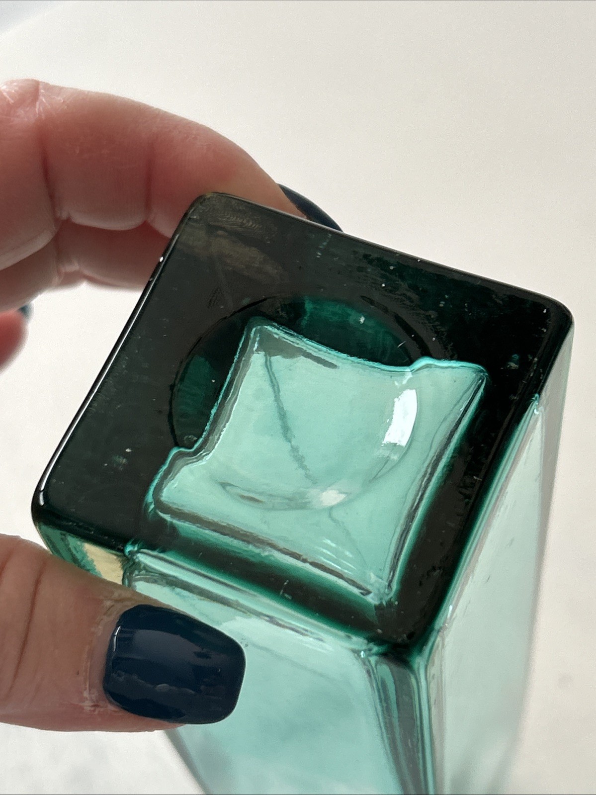 VTG Gunnar Ander Rectangular Teal Art Glass Vase Lindshammar Sweden 8.1”Hx2”D