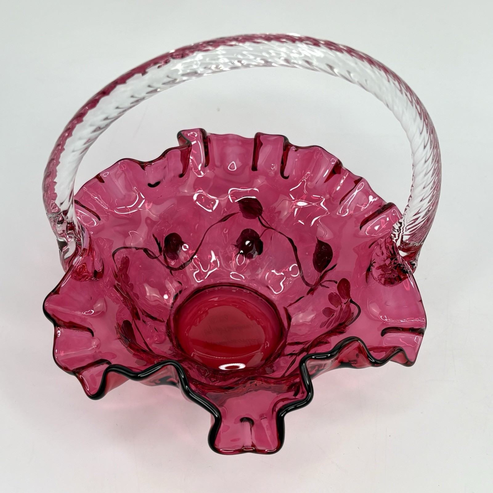 Vtg Fenton Cranberry Art Glass Ruffled Basket Vase Floral Painted by D. Barbour