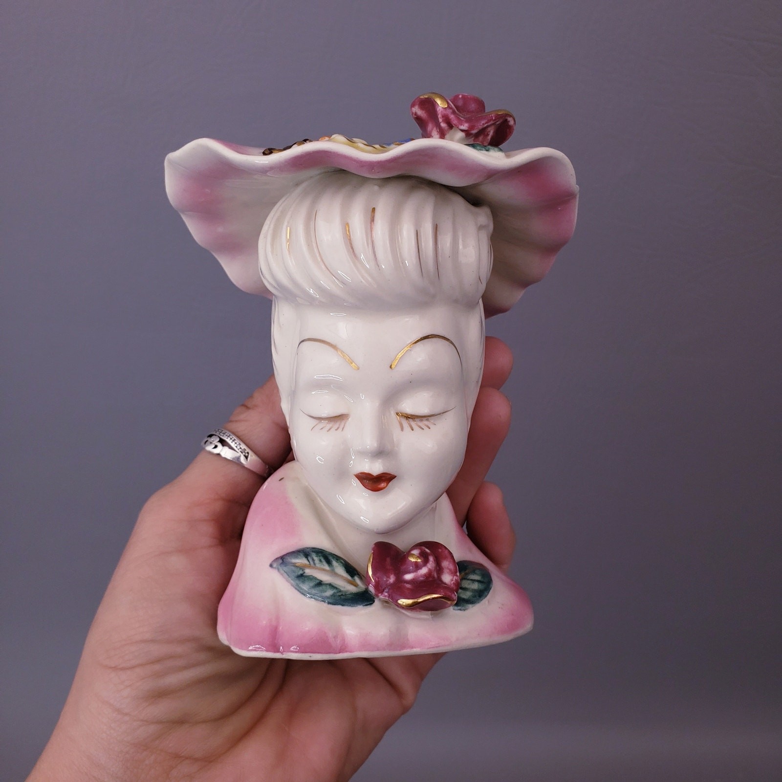 Vintage Lady Head Vase Pink Hat Dress Purple Roses White Hair Made in Japan