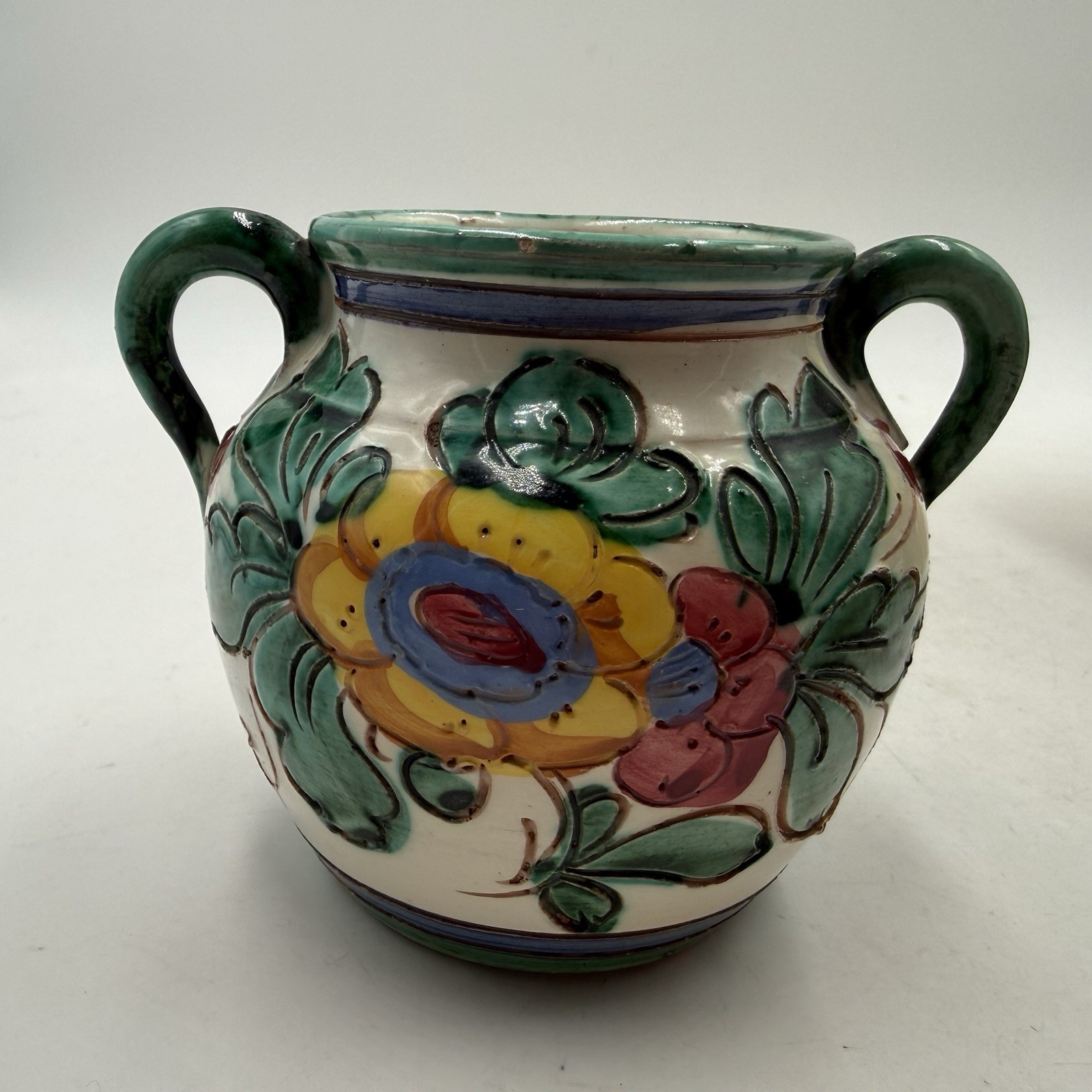 Vintage Double Handle Ceramic Vase Handpainted Italian Vanro Art Pottery Floral