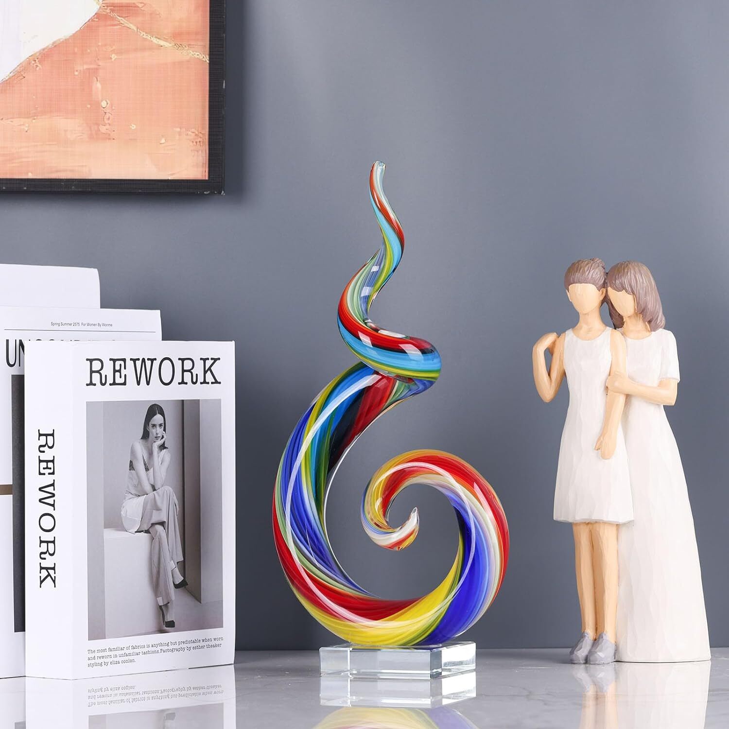 Hand-Blown Glass Sculpture,Murano-Style Statue Figurine,Blue Green Red Yellow