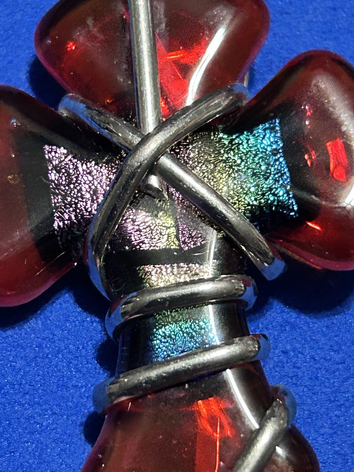 Gorgeous Hand Blown Dichroic Glass Cross Pendant Red Rainbow Wire Wrap Bail