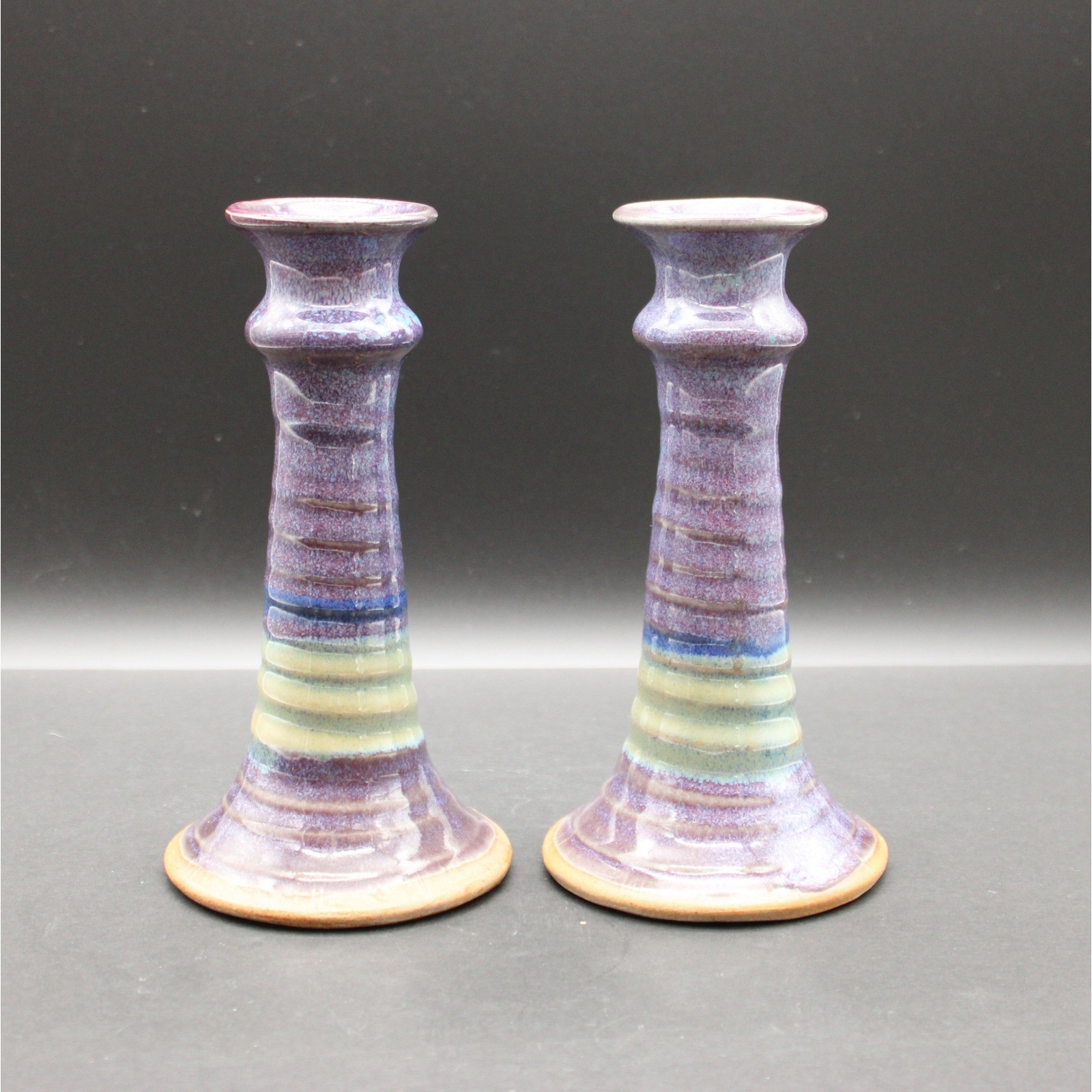 Pair of Vintage Purple Pottery Candle Holders Handmade Ceramic Taper Vibe Boho