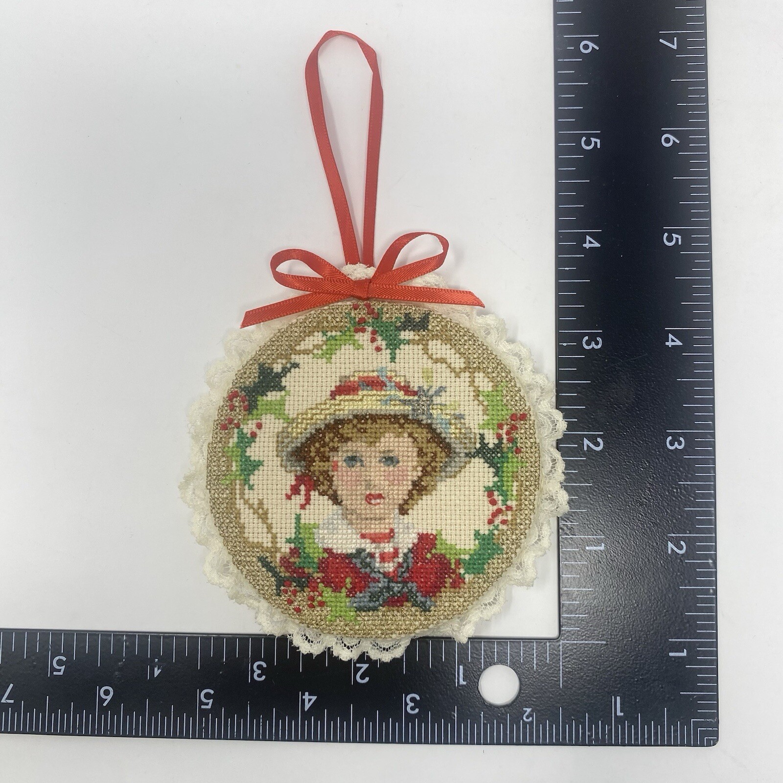 Vintage Needlepoint Victorian Boy and Girl Ornaments Finished Handcrafted lot 2