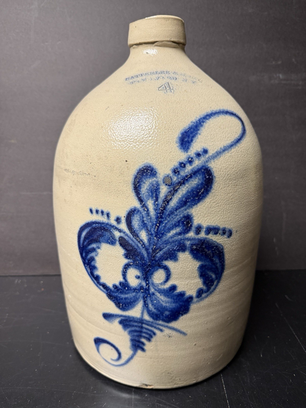 Lg Vintage Stoneware Pottery #4 Jug/Crock Stamped Satterlee & Mory Ft. Edward NY