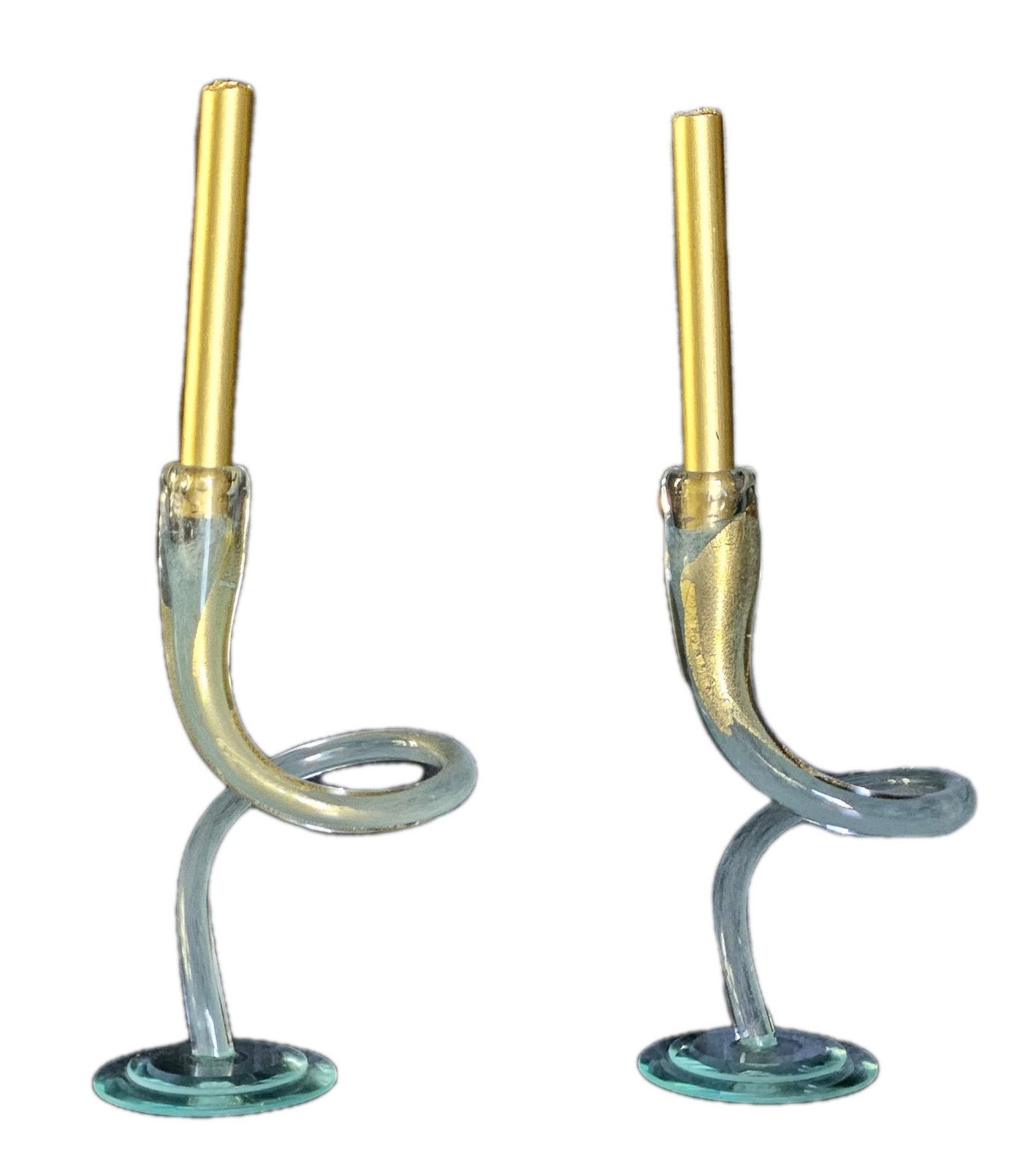 Pair Of 10 1/ 4″ Hudson Twisted Blue Gold Art Glass Candlestick Mouth Blown