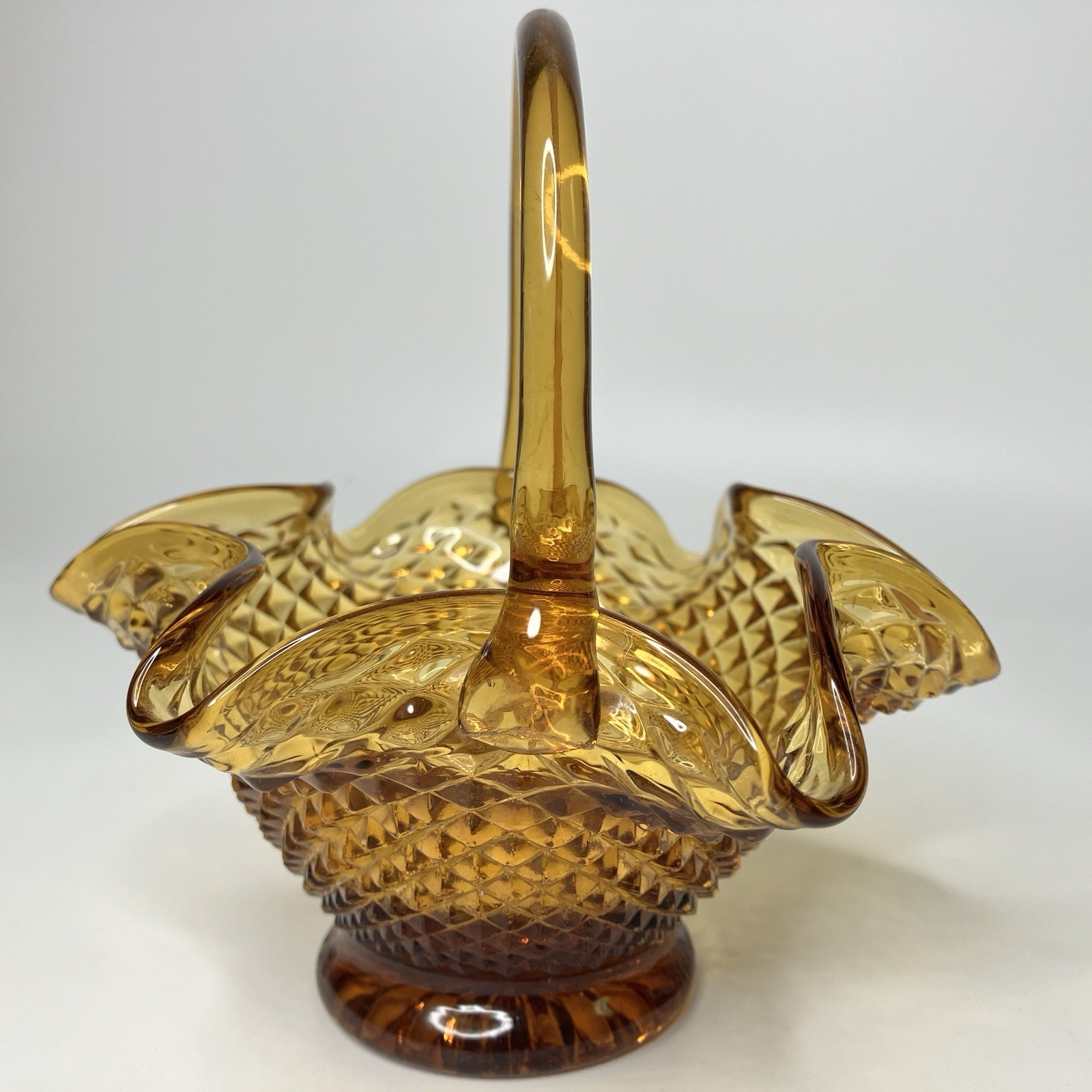 Vtg Amber Indiana Art Glass Basket Diamond Point Applied Handle Approx 6″ tall