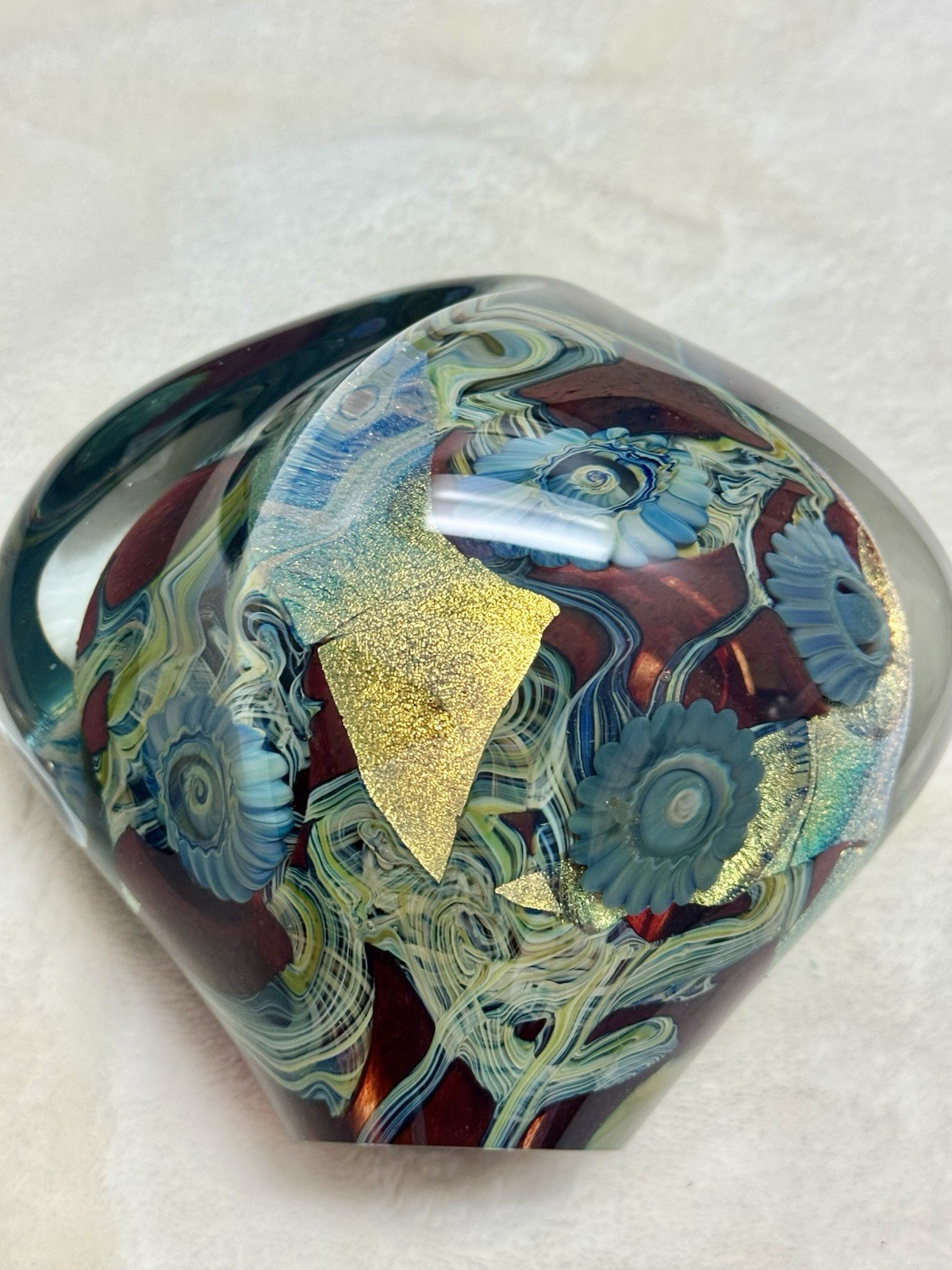 Art Glass Decorative Paperweight, Multicolor Swirl Flower, Gold Flecks