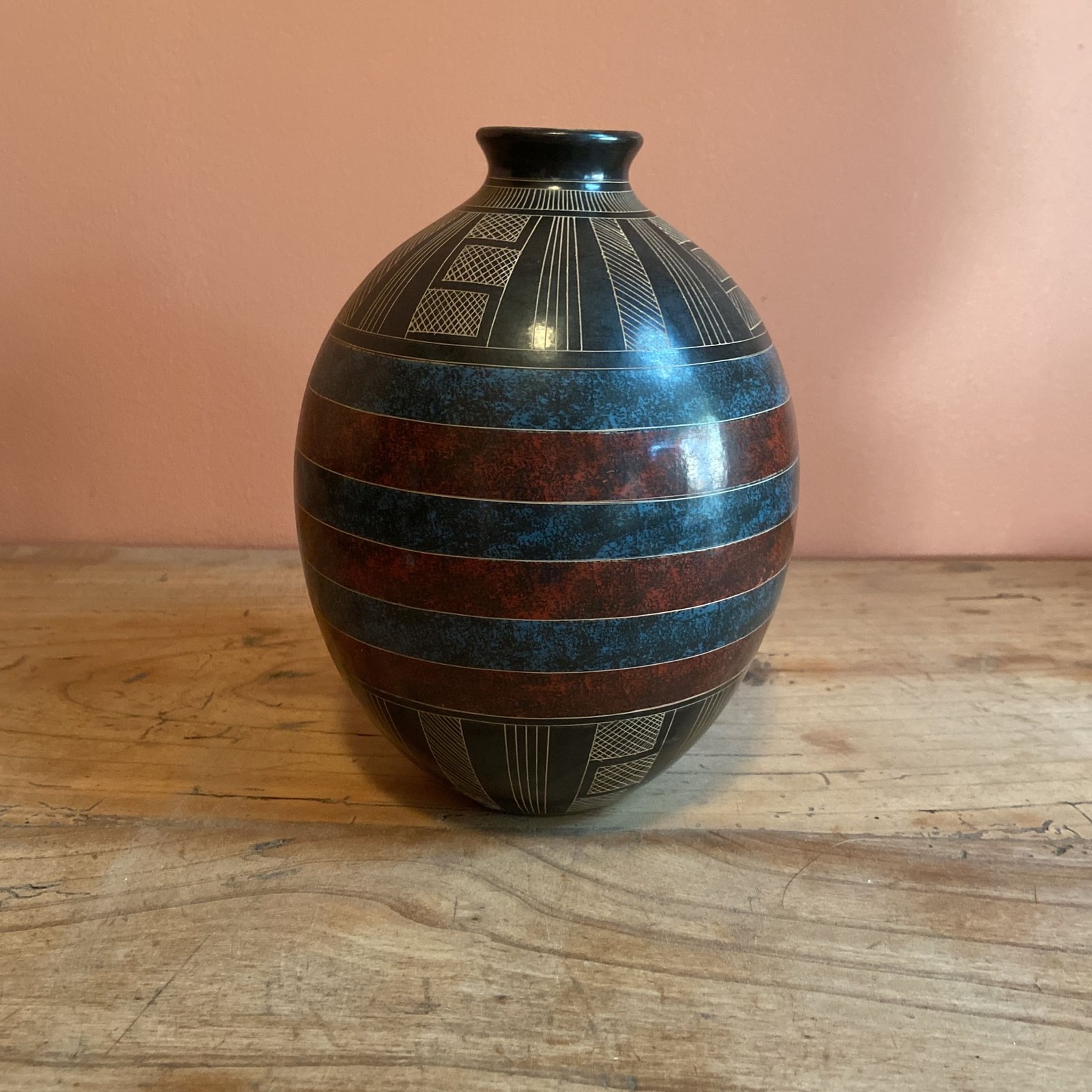 Vintage Hand-Painted Terracotta Vase – Southwestern Blue & Red Stripes