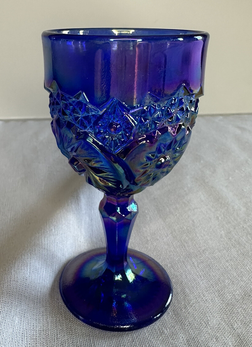 DEGENHART GLASS BUZZ SAW WINE GOBLET PURPLE BLUE CARNIVAL ~ MINT