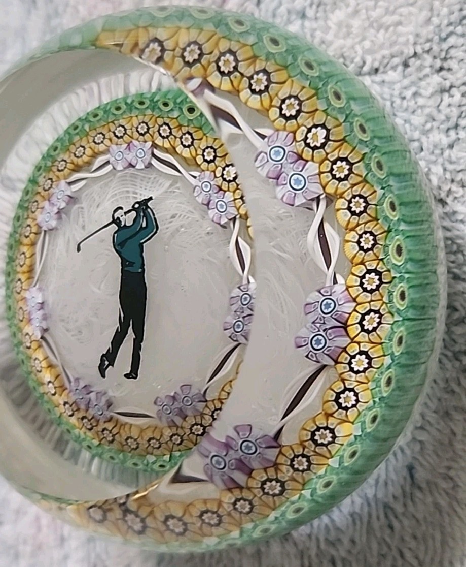 Vtg 1987 Perthshire Glass Paperweight Golfer Millefiori Lace Limited Edition