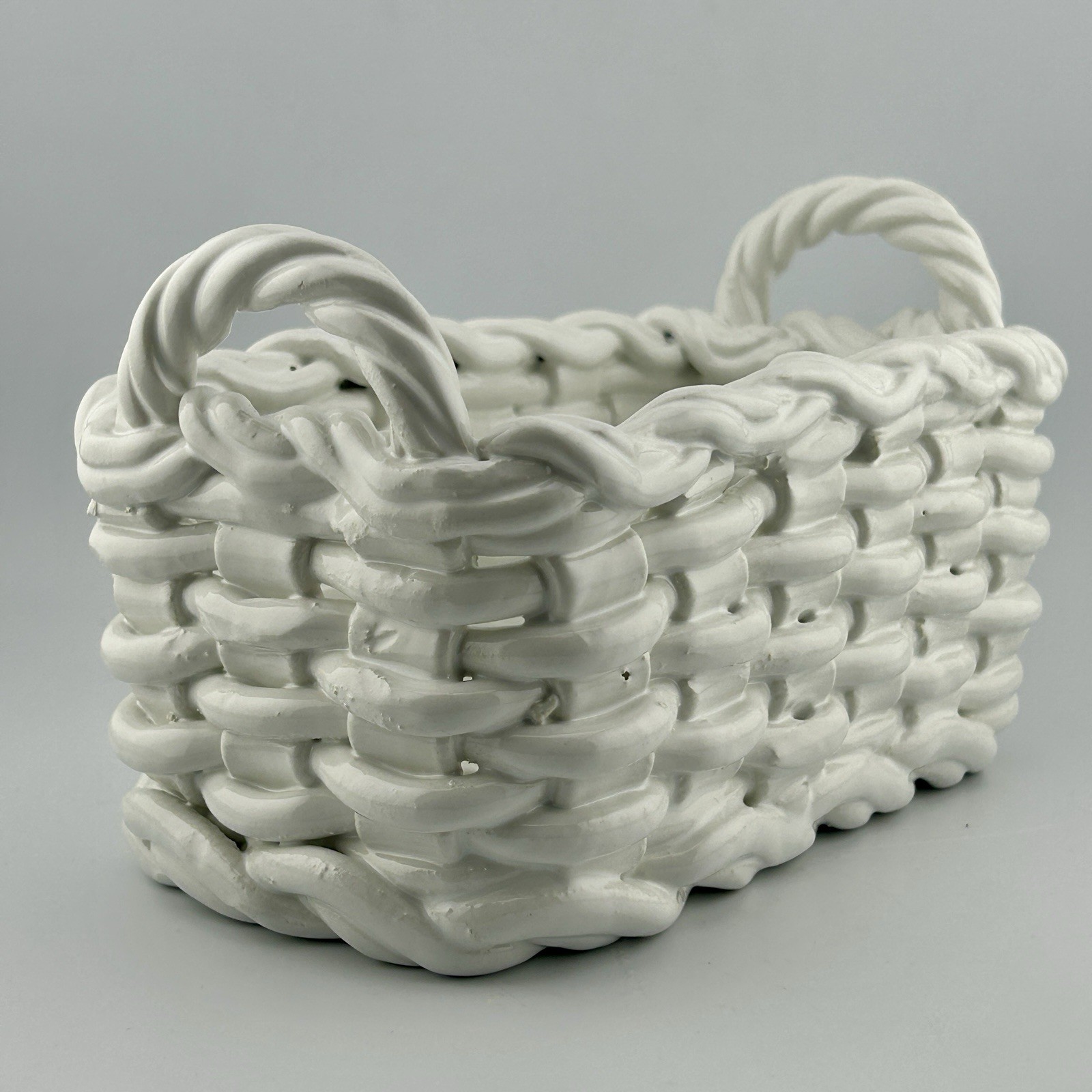 Italian White Ceramic Basket 8 x 4″ Weave Planter Rope Handles 1970s VTG