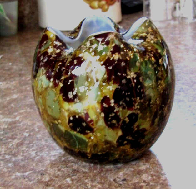 Antique Rose Bowl Bohemian Czech Moser Optic Gold Mica Flecks Art Glass