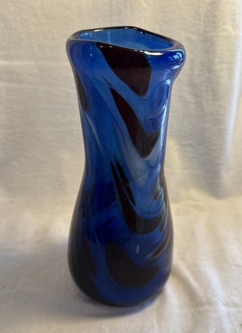 Art Glass Cobalt Swirl Blue Vase Hand Blown 8” Signed Bubbles Thick See Photos