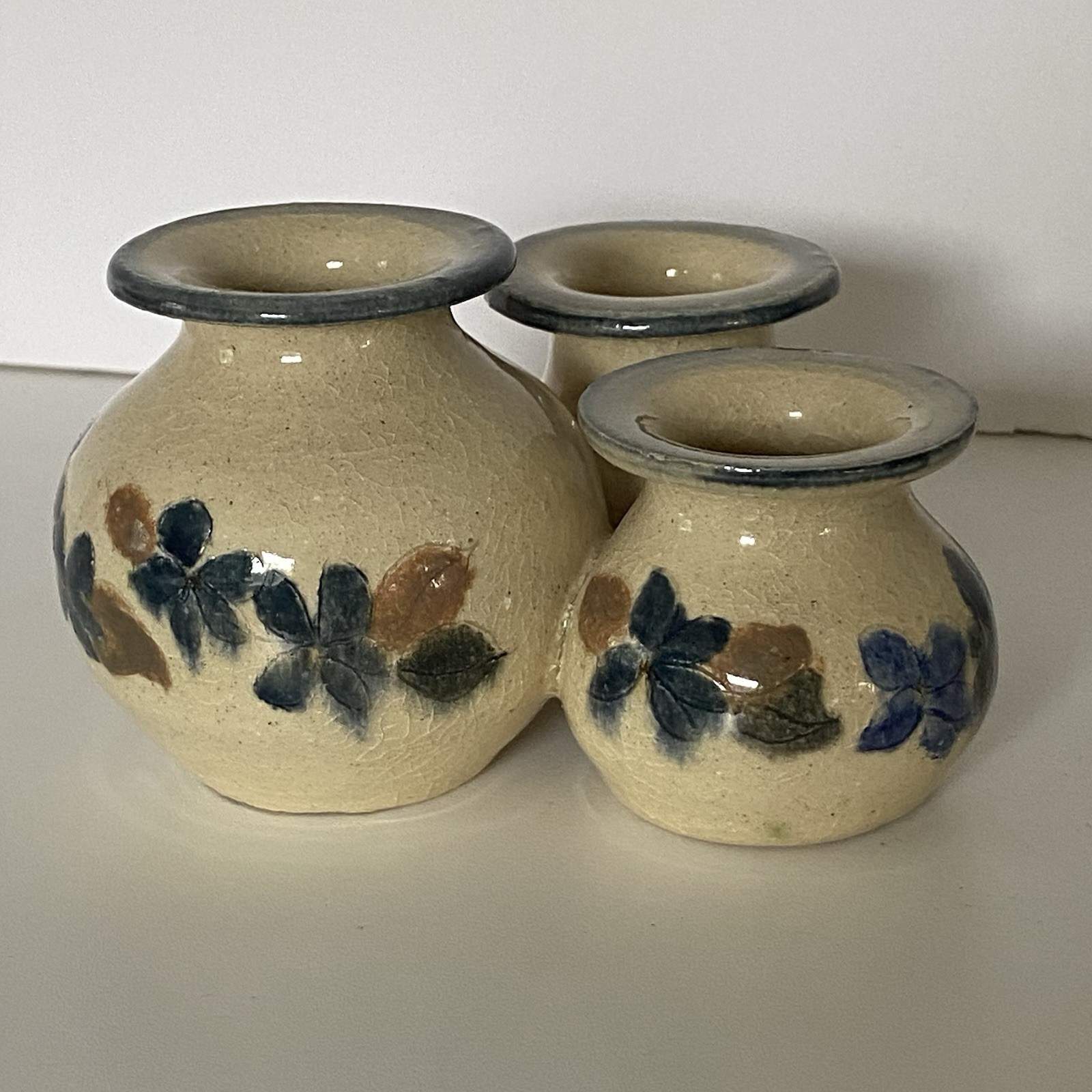 Handmade Art Pottery Small Bud Vase 3 Attached Beige Blue Flowers 3” Signed EUC