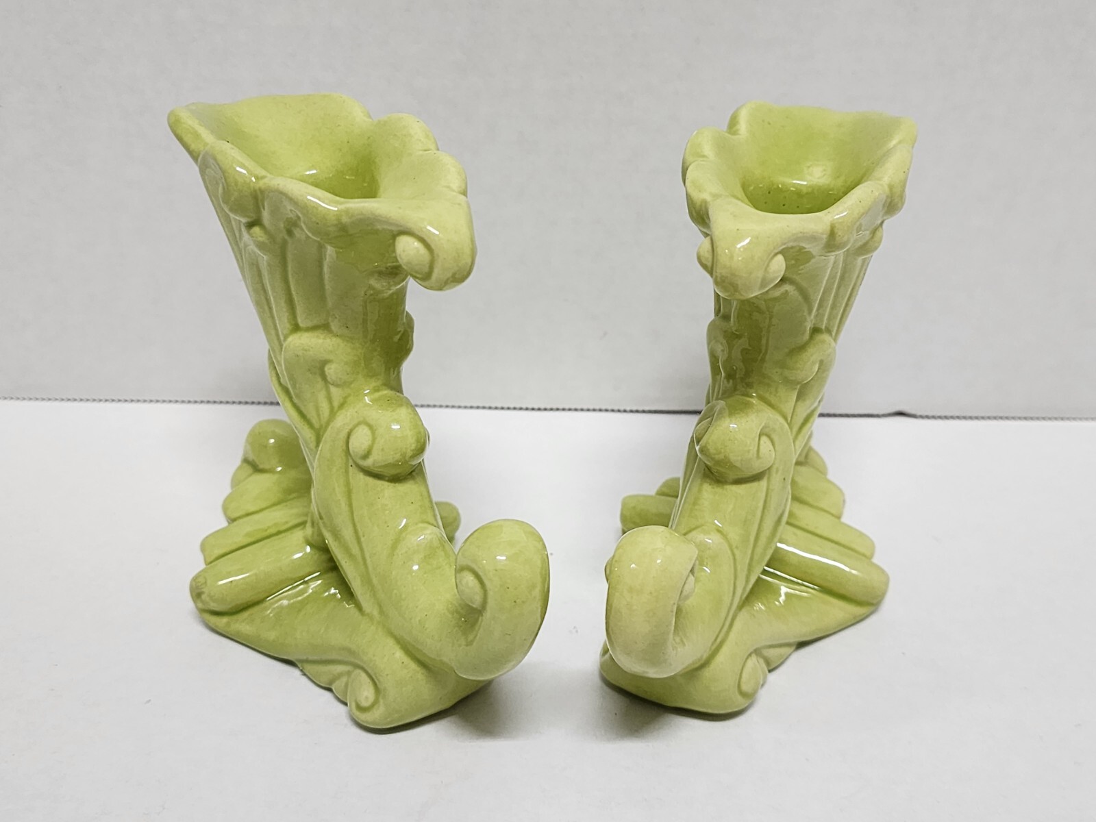 Royal Haeger Cornucopia Light Green Tapered Candle Holder Lot OF 2 Vintage 5″