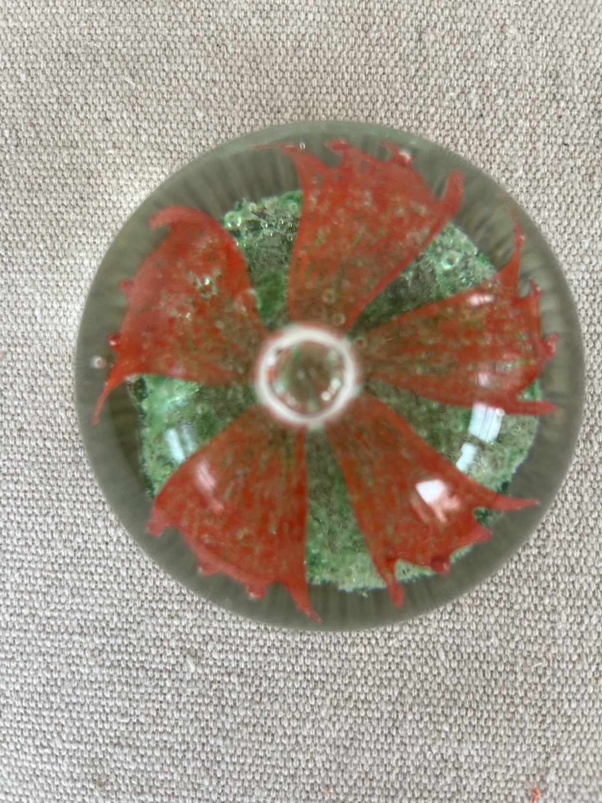 Art Glass Paperweight with Orange and Green Flower