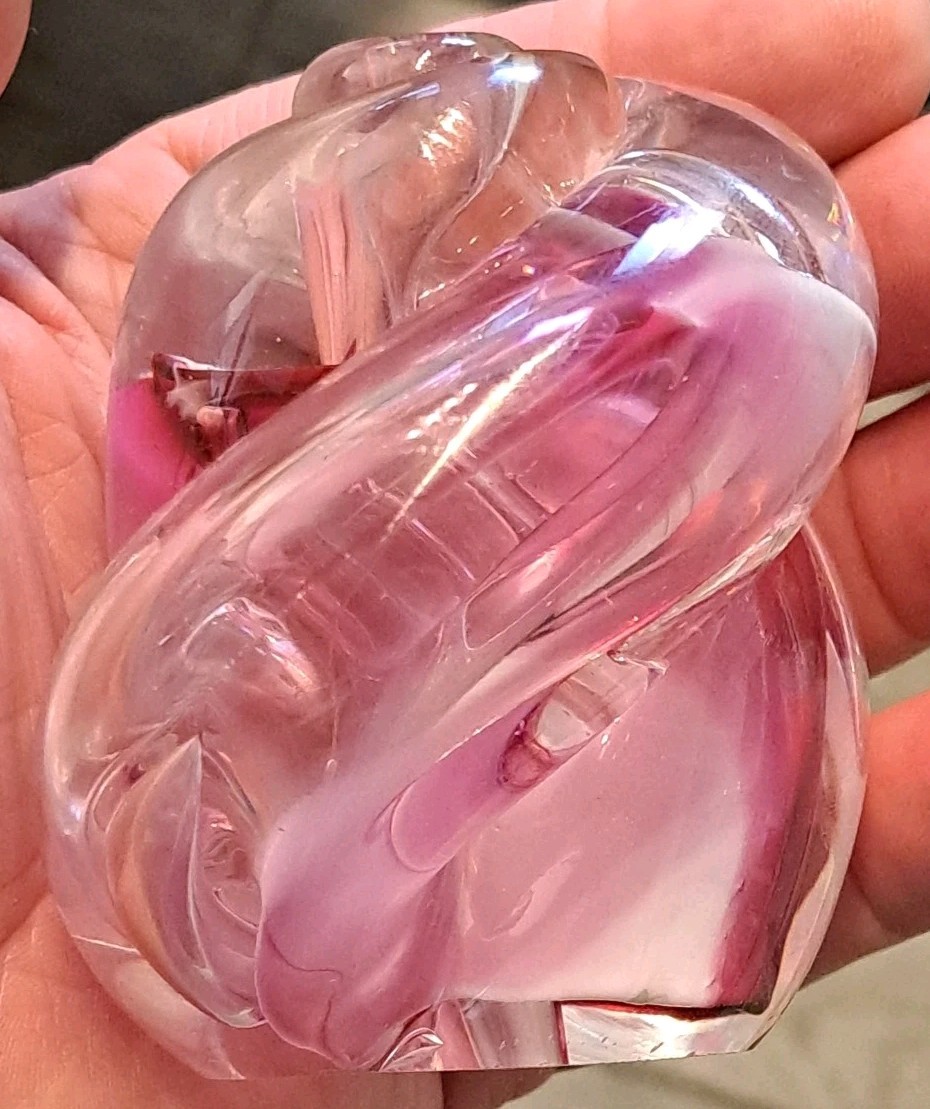 Pink Purple Clear Art Glass Paperweight Nautilus Shell Swirl 3 1/4” Signed