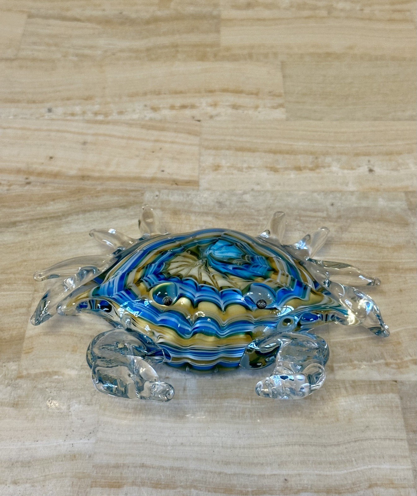 Hand Blown Glass Crab Figurine/Ocean/Beach/Sea Decor-Blue/Yellow/White-7”