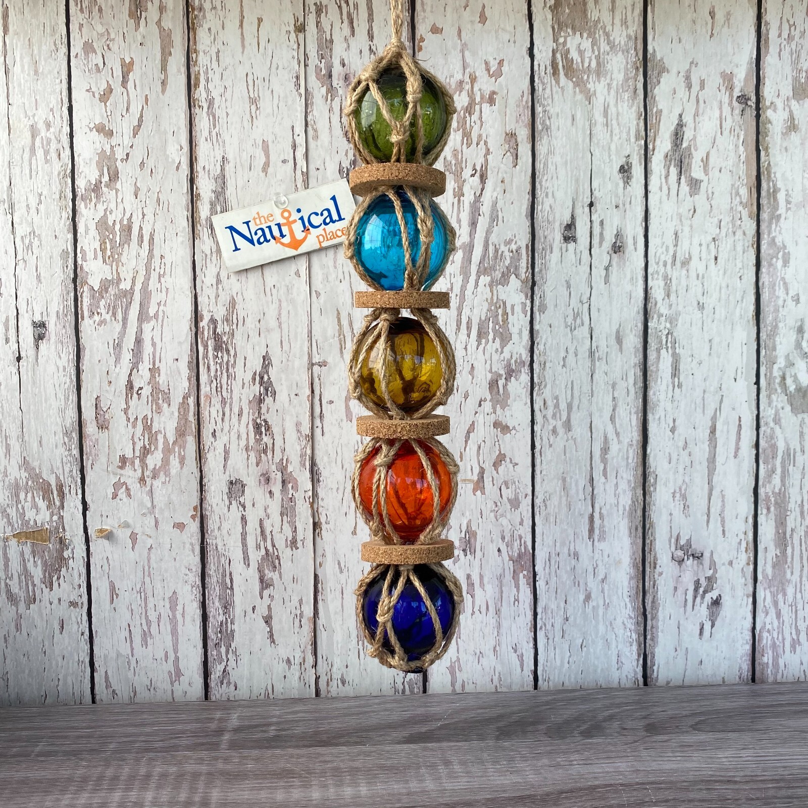 Glass Fishing Floats On Jute Rope – Red, Blue, Aqua, Green – Nautical Wall Decor