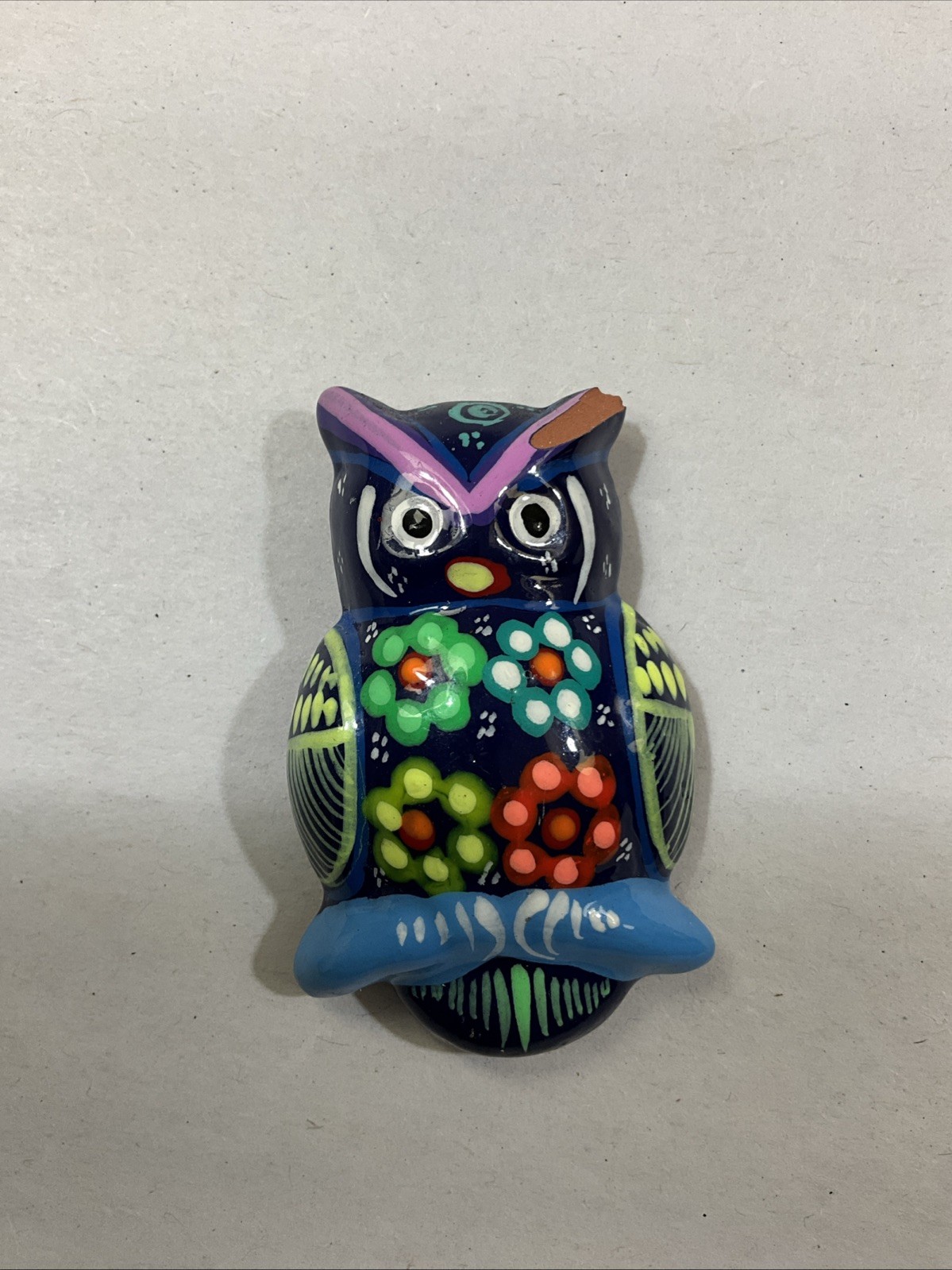 Owl Mexican Art Colorful 2”Magnet- Has Chip On Ear & On Back Part