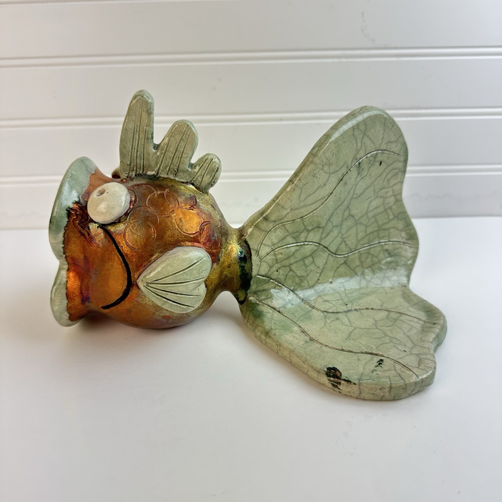 Artisan Raku Pottery Happy Surprised Fish Whimsical Coastal Beach Signed Ceramic