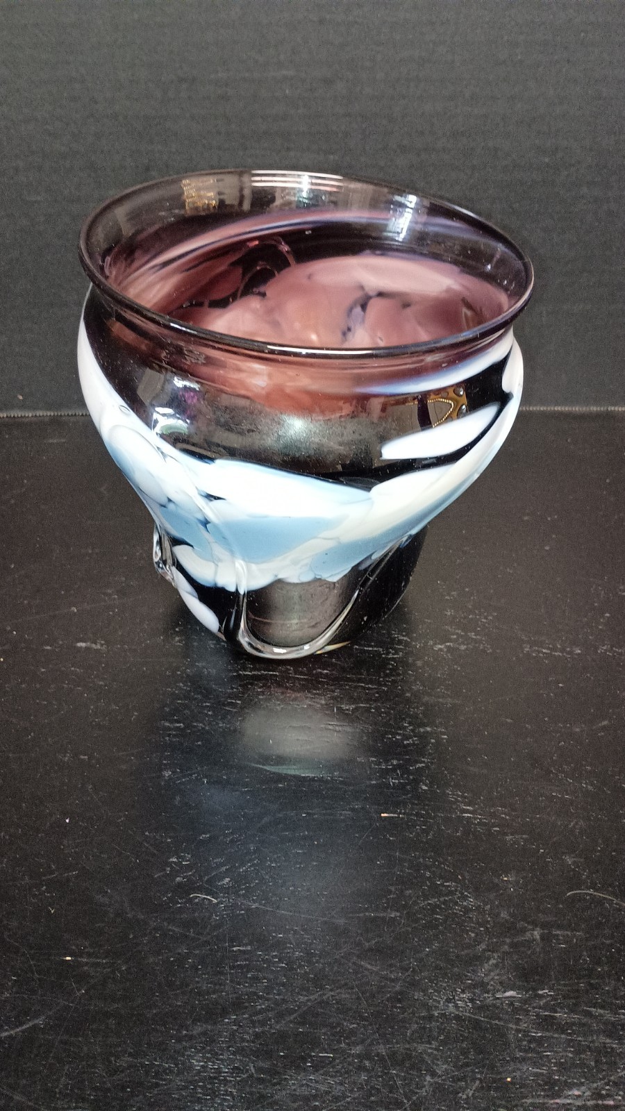 Vtg Blown Glass Flower Bowl Vase Purple Blue White Signed By Artist A Bush 7″