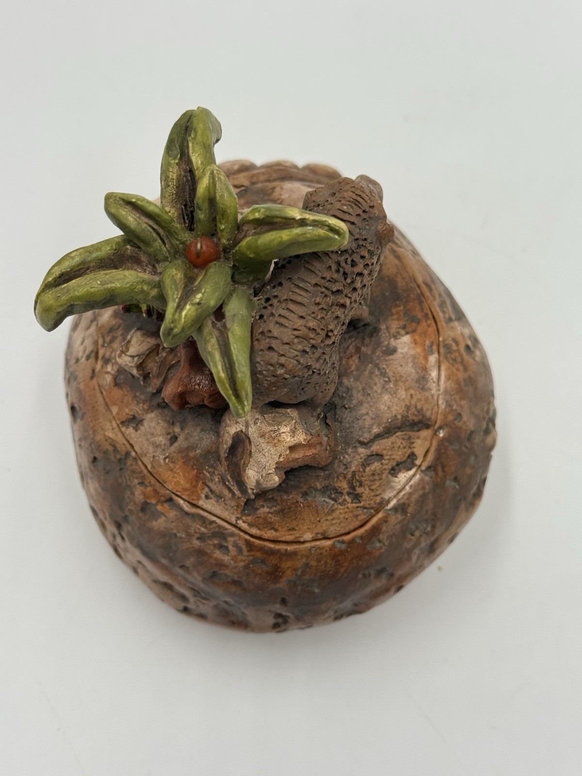Art Pottery Unique Handmade Boar Tree On Rock Trinket Box Figurine