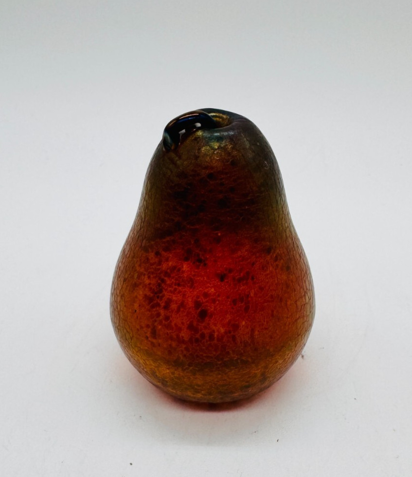 Zellique Studio Art Glass Aurene Iridescent Pear Paperweight Textured 2003