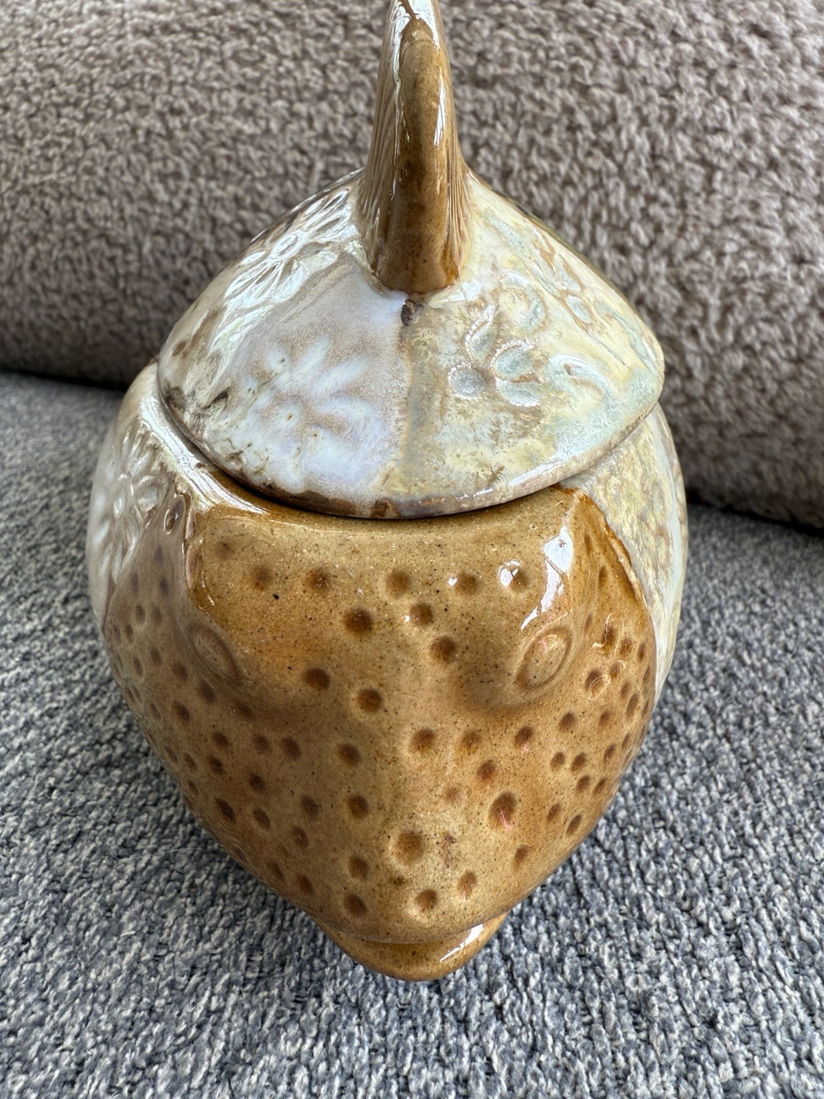 Pier 1 Glazed Ceramic Stoneware Puffer Fish Trinket Jar W/ Lid Earth Tones