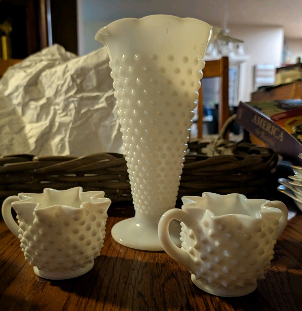 White Milk Glass Hobnail Vase And Creamers