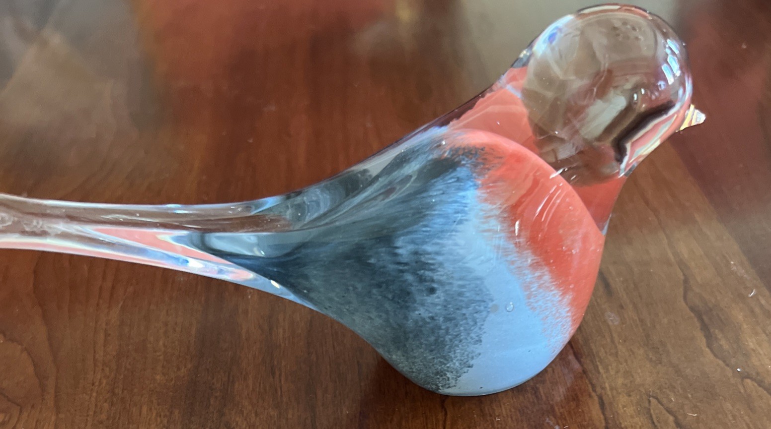 Hand Blown Art Glass Bird Figurine Red Breast Gray Blue Clear Tail Hollow