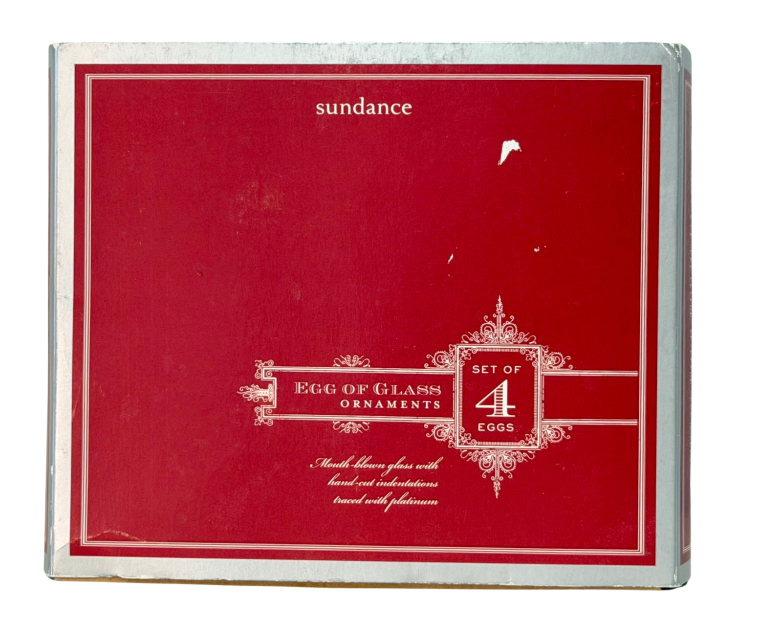 Sundance Egg of Glass Ornaments Box Set of 3 Etched Clear Glass Gold Details 3″L