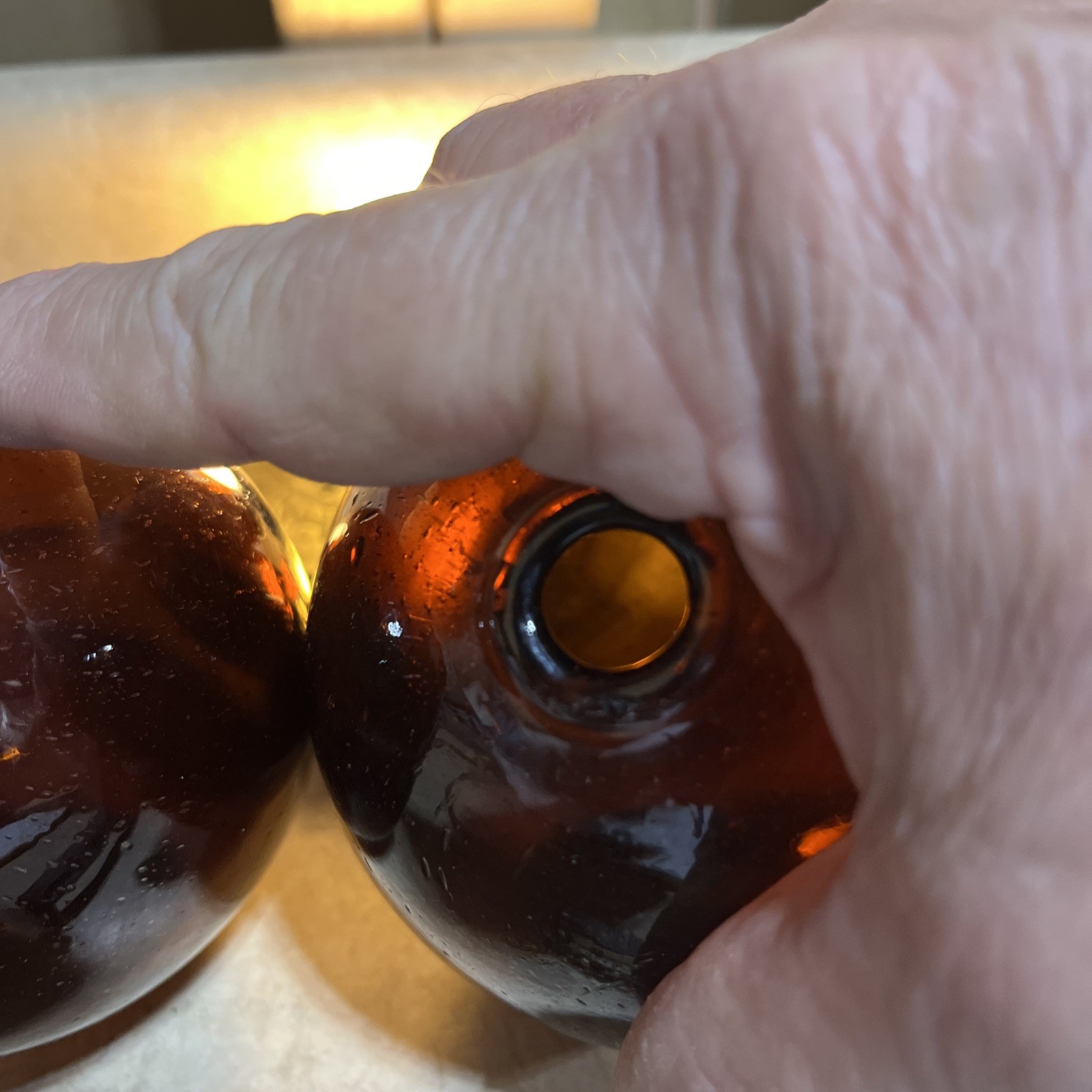 Vtg Antique Pair 4” Hand Blown Amber Dark Brown Glass Float Fishing Buoy Ball