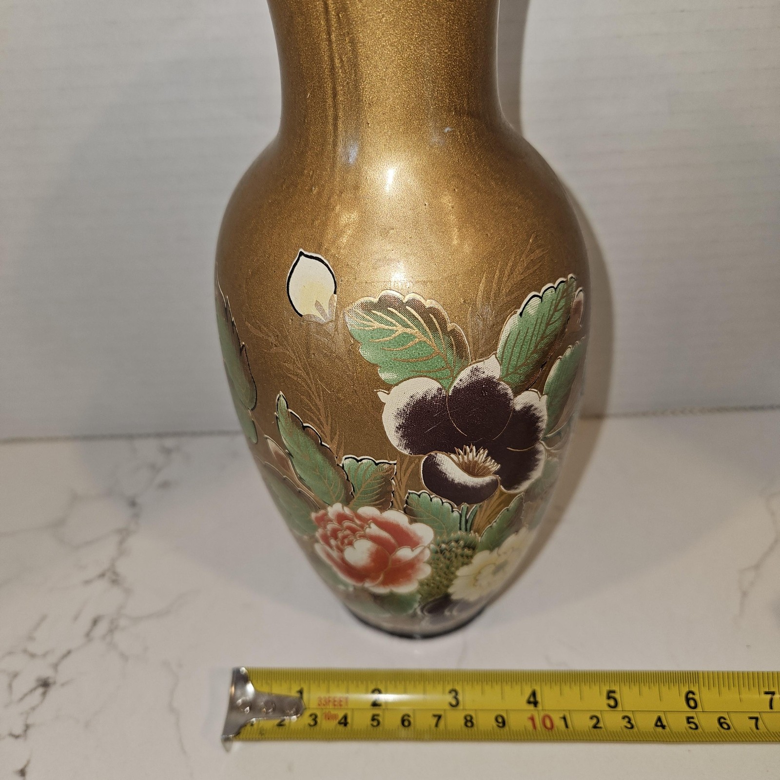 Vintage Enamel Vase Metallic Gold Hand Painted 8″ Floral Decorative Flower