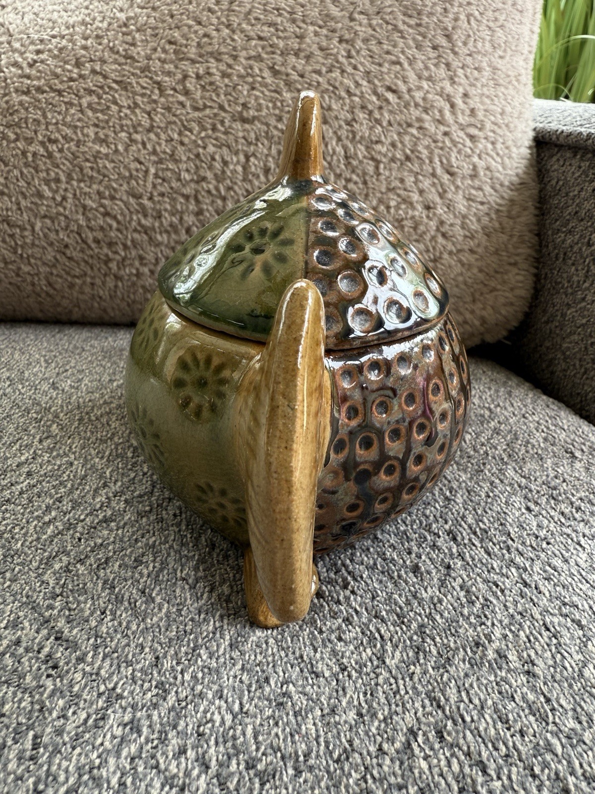 Pier 1 Glazed Ceramic Stoneware Puffer Fish Trinket Jar W/ Lid Earth Tones