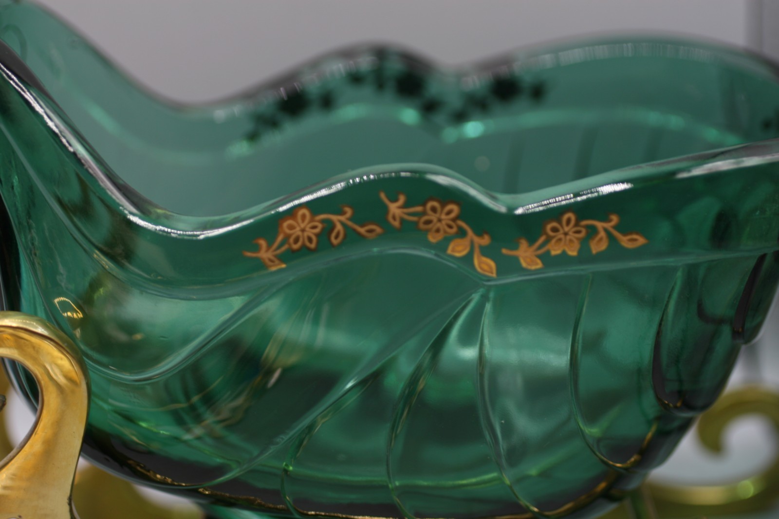 Fenton Green Glass Sleigh W/Brass Runner Hand Painted Flowers GA