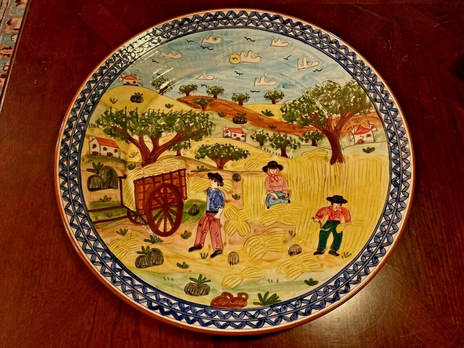 18″ FOLK ART HAND PAINTED PLATTER FARMING SCENE ~Terracotta~Signed