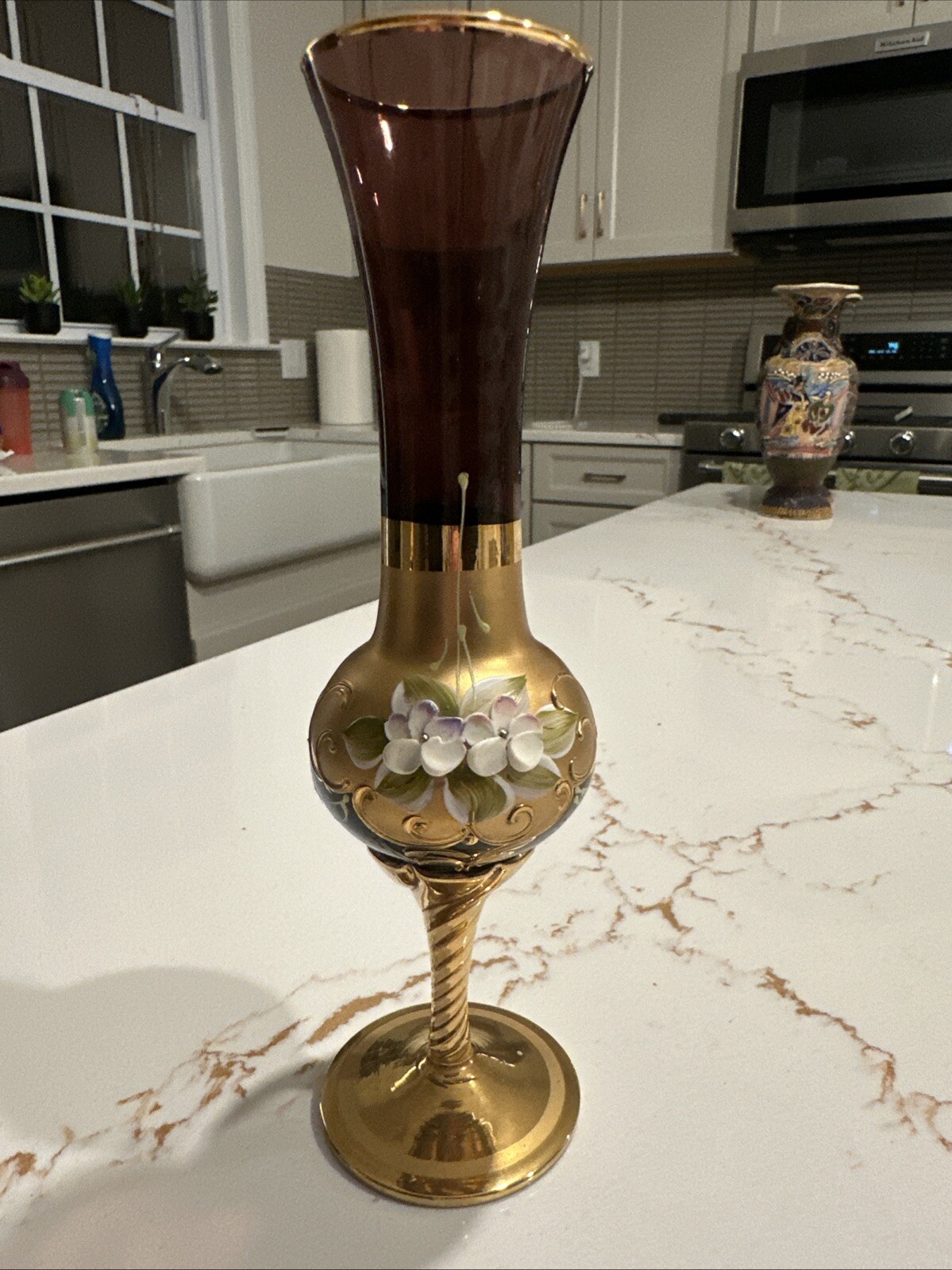 Antique handblown glass vase Purple, Bohemian , Raised Porcelain flowers, Gold