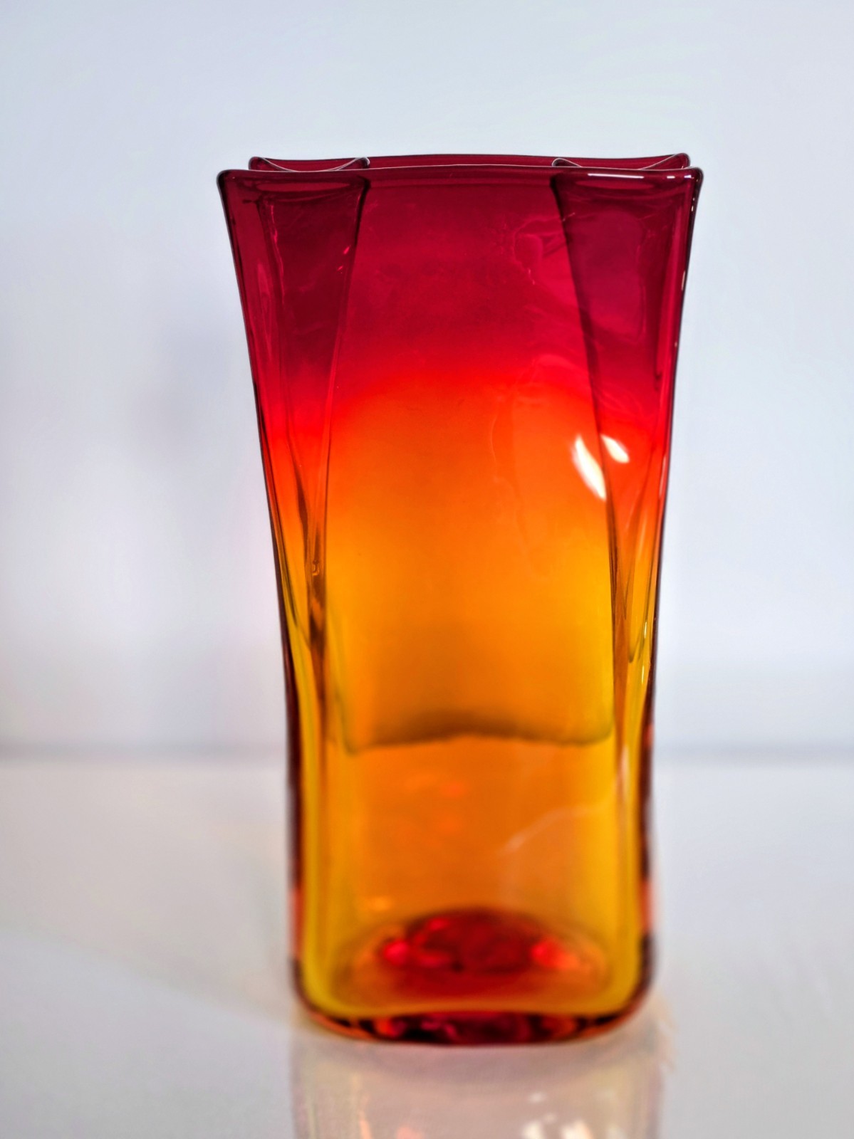 Signed Blenko Paper Bag Glass Vibrant Amberina Tangerine Vase, Rare 8.5″ High