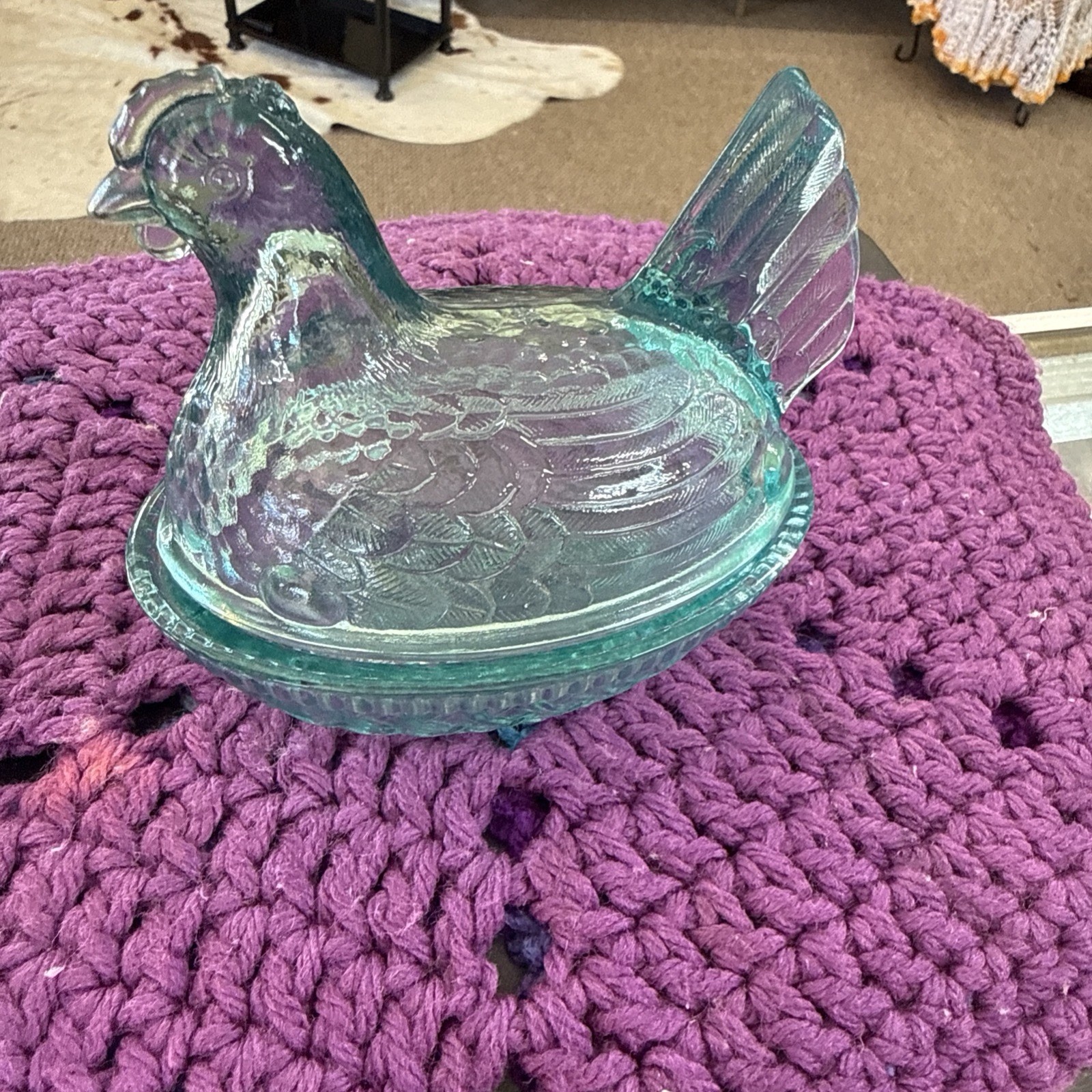 Vintage Aqua Blue Glass Hen on Nest Covered Dish 5″ Manganese UV Glow Chicken